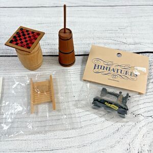 Lot 4 Dollhouse Mini Items Sewing Machine Checkers Barrel Wash Board Butter Chrn
